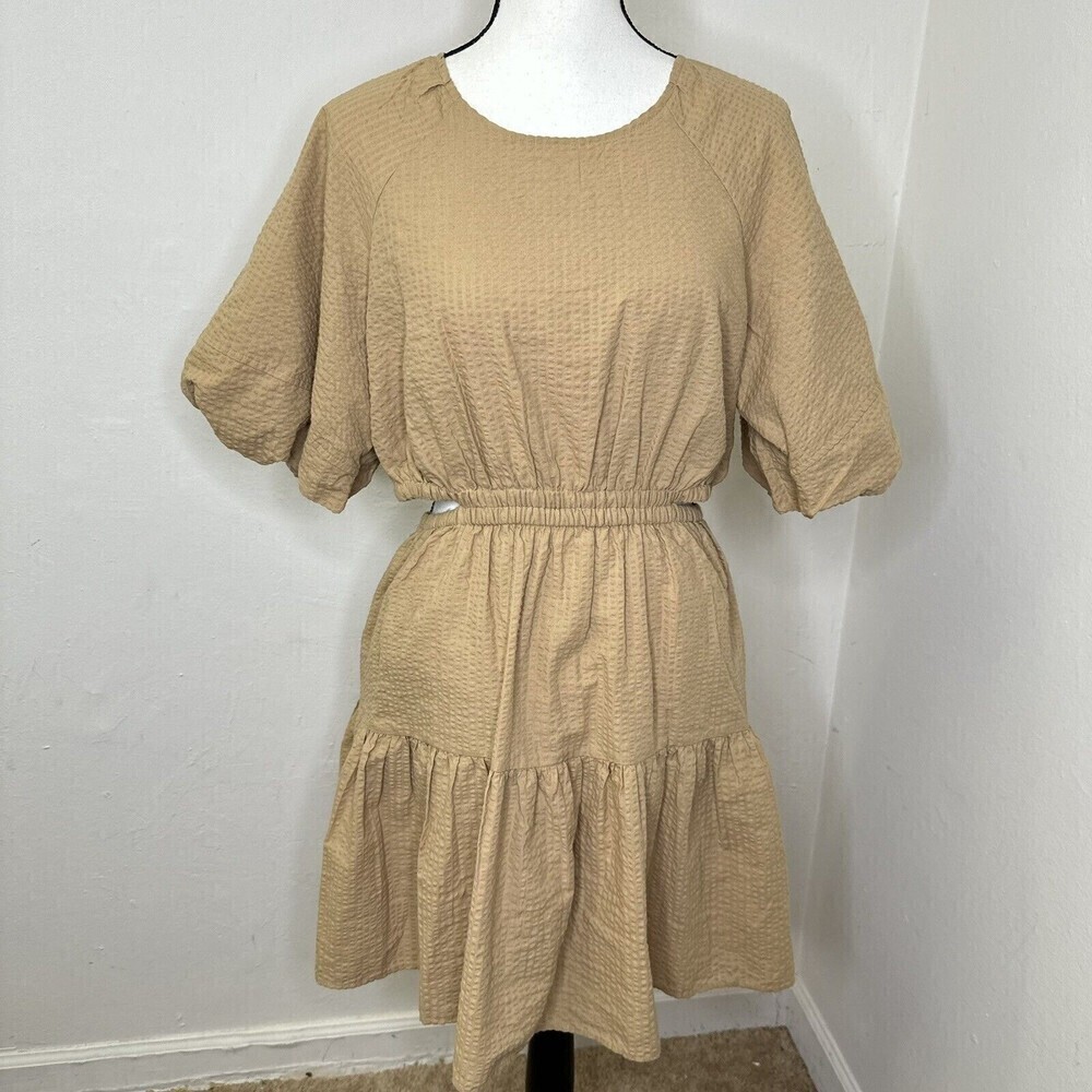 Cotton On Mini Dress Womens M Tan Seersucker Puff Sleeve Cutout Tiered Ruffle